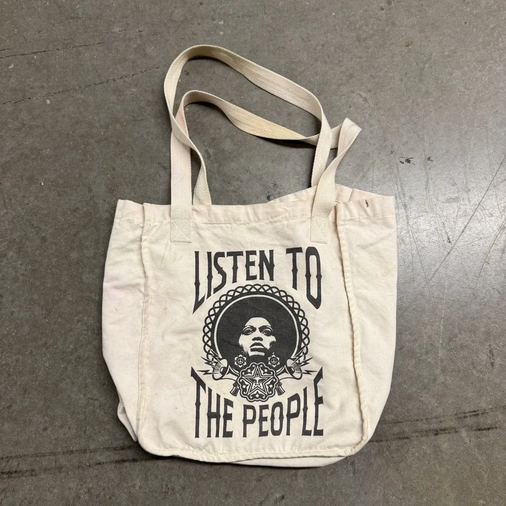 Listen To‎ The People Graphic Canvas Tote Bag Cream Cotton Reusable Shopper
